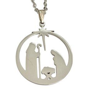 Nativity Scene Mary Joseph Jesus Necklace Silver Stainless Steel Catholic Medal